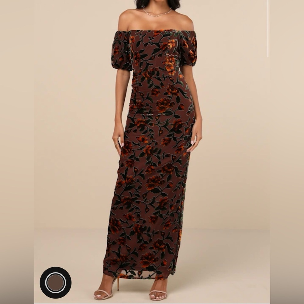 Maxi Brown velvet floral off the shoulder dress